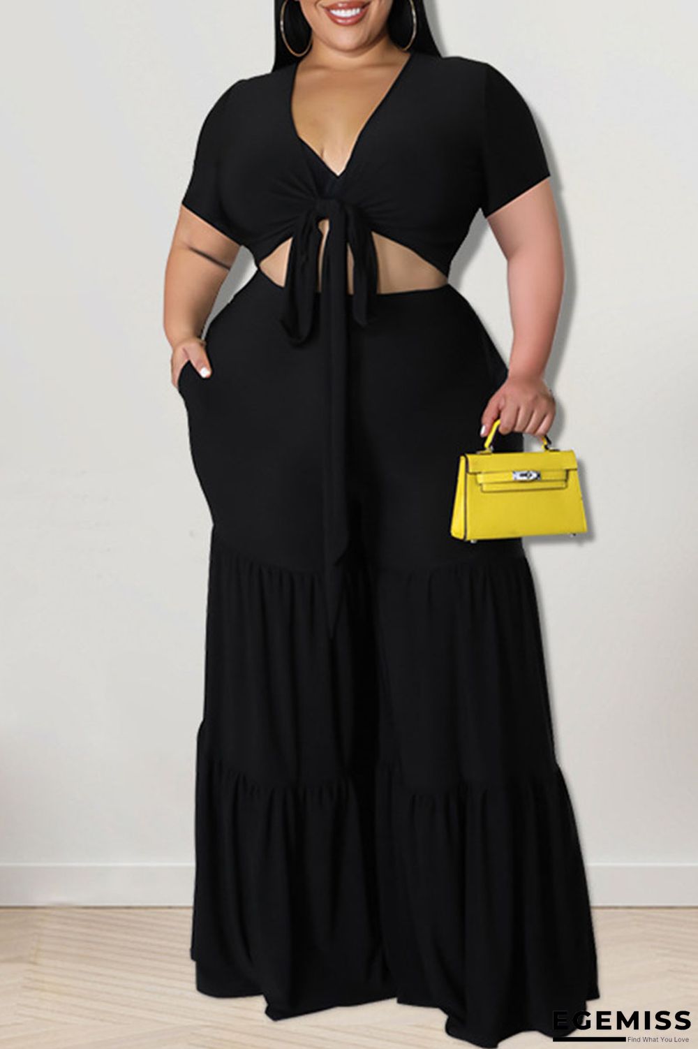 Black Casual Solid Bandage Patchwork V Neck Plus Size Two Pieces | EGEMISS