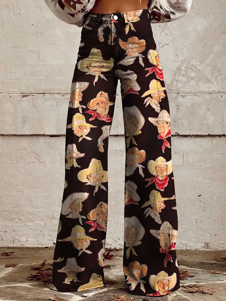Women's Cowboy Race Print Casual Wide Leg Pants