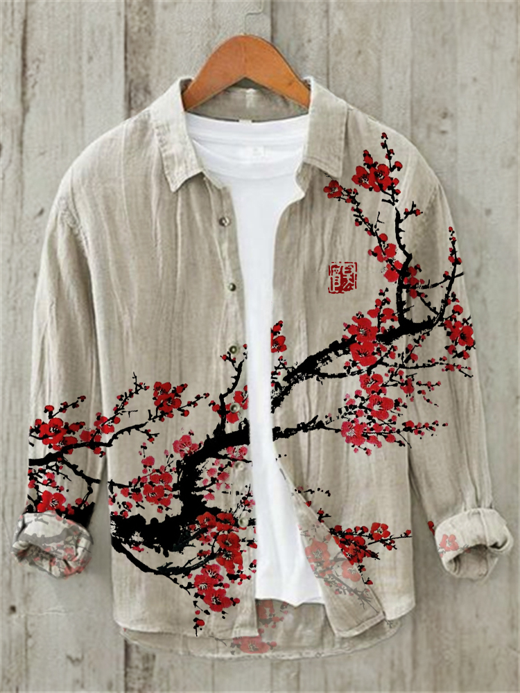 Plum Blossom Japanese Brush Art Linen Blend Shirt  artssus