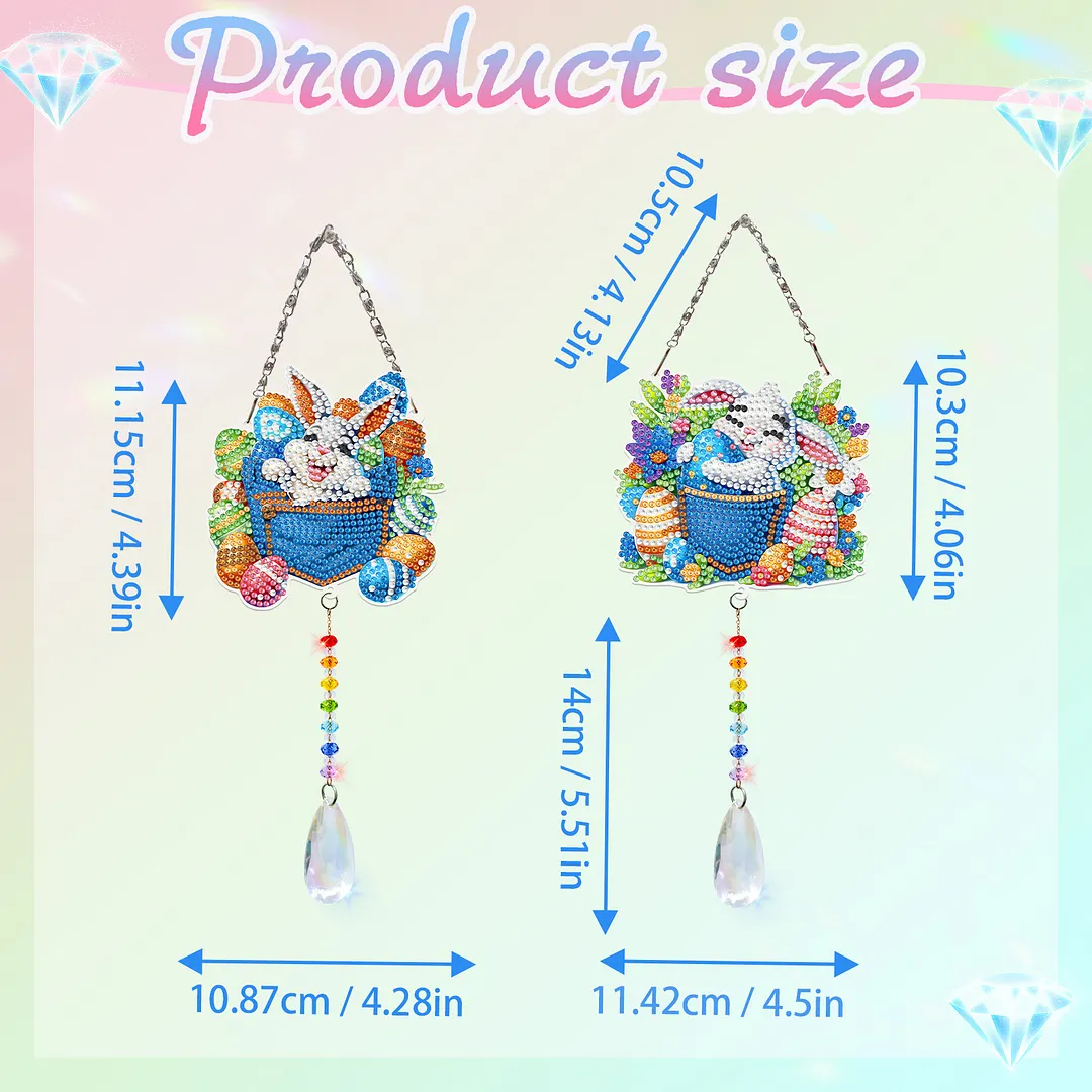 2Pcs Pocket Rabbit DIY Acrylic Diamond Painting Art Wind Chimes with Crystal Pendant Diamond Art Hanging Pendant Double-Sided for Adults Beginners Gift Home Garden Decor