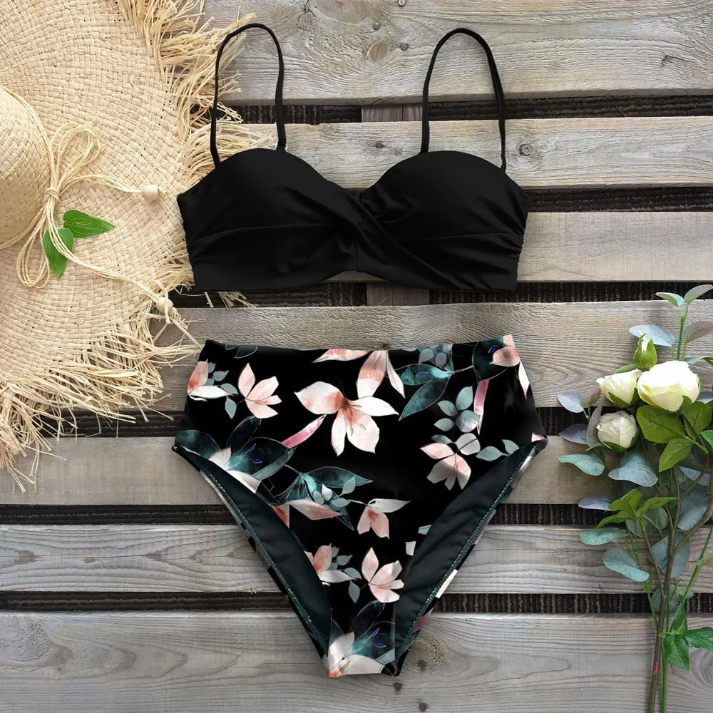 2022 Sexy Leaf Print Bikini Female Swimsuit Women Swimwear Thong Push Up Bikinis Set High Waist Swimming Suits for Bathing Suit