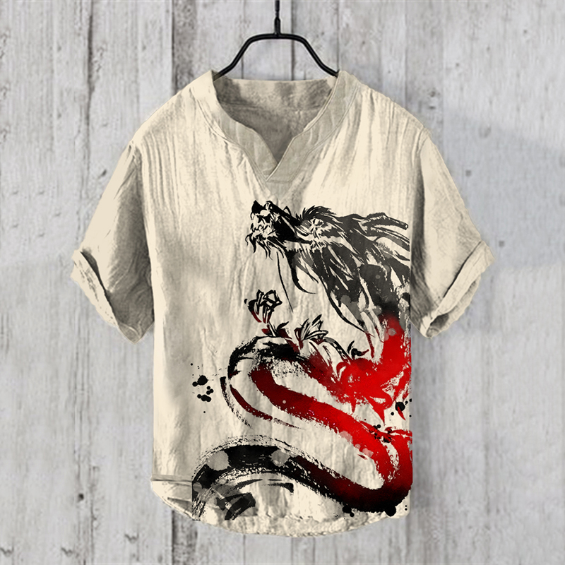 Dragon Ink Japanese Art Linen Blend Shirt  artssus