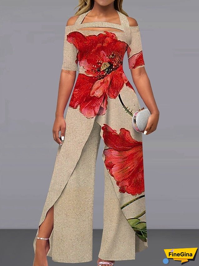 Women's Jumpsuit Print Floral Off Shoulder Elegant Party Wide Leg Regular Fit Short Sleeve Pink Navy Blue Royal Blue S M L Summer