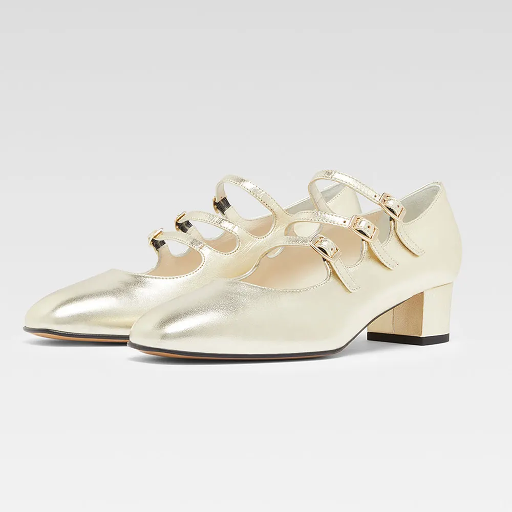 Champagne Triple Buckle Straps Square Toe Block Heel Mary Jane Shoes