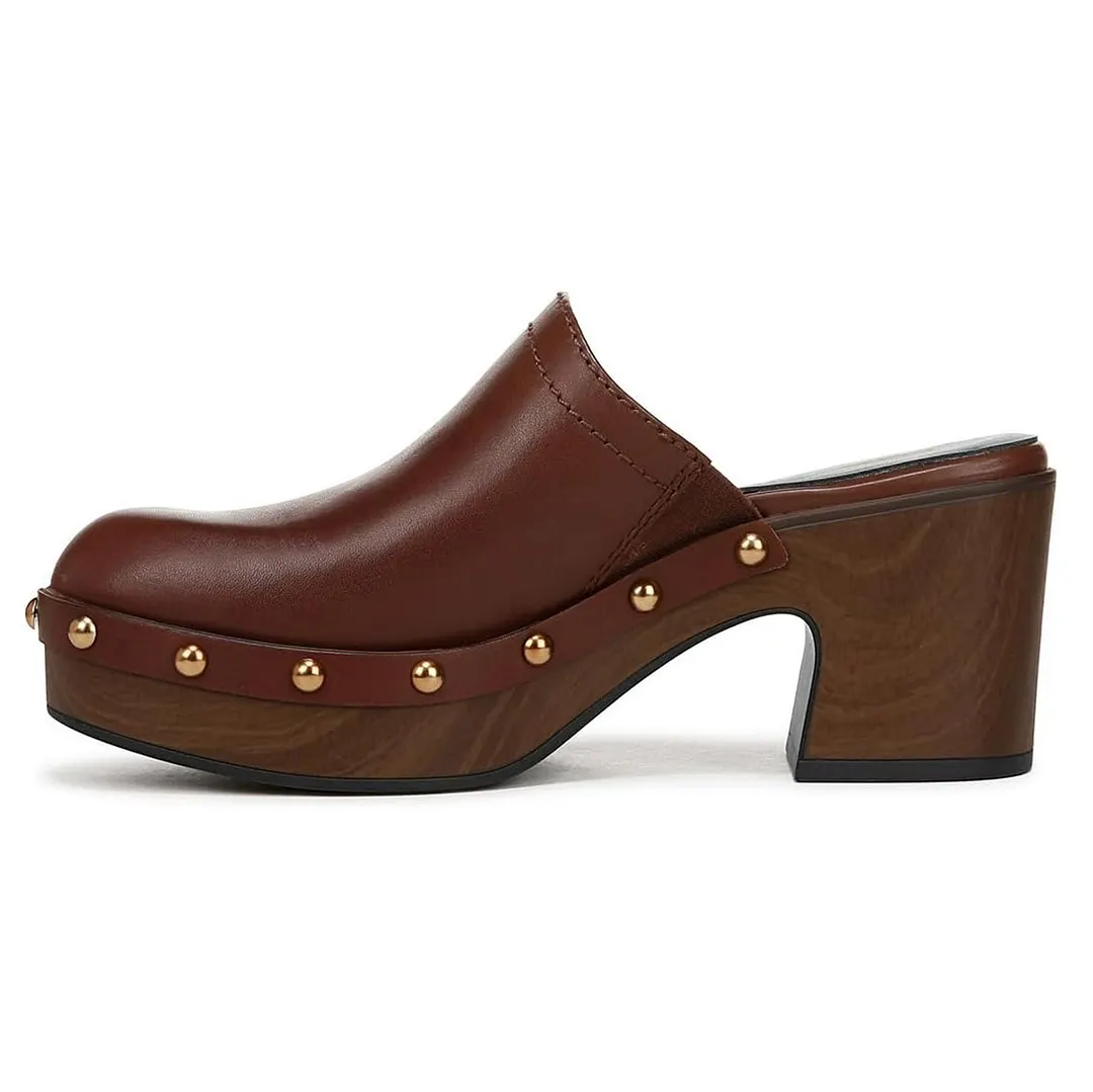 Women's Brown Round Toe Studded Block Heel Platform Mules Shoes