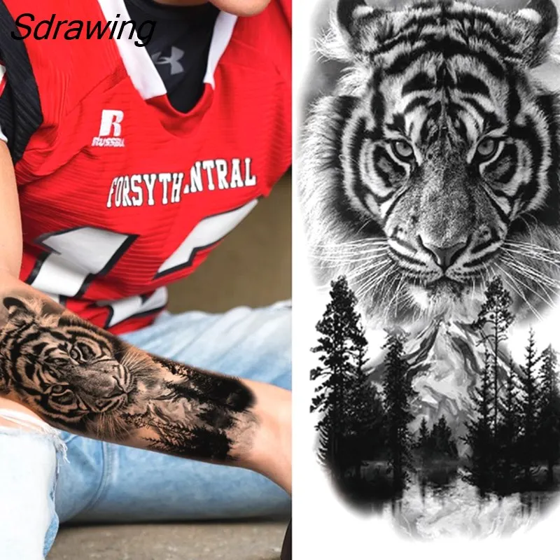 Sdrawing Tiger Temporary Tattoos For Men Women Kids Lion Skull Cross Tattoo Sticker Black Compass Skeleton Tatoos Leg Thigh 328-0