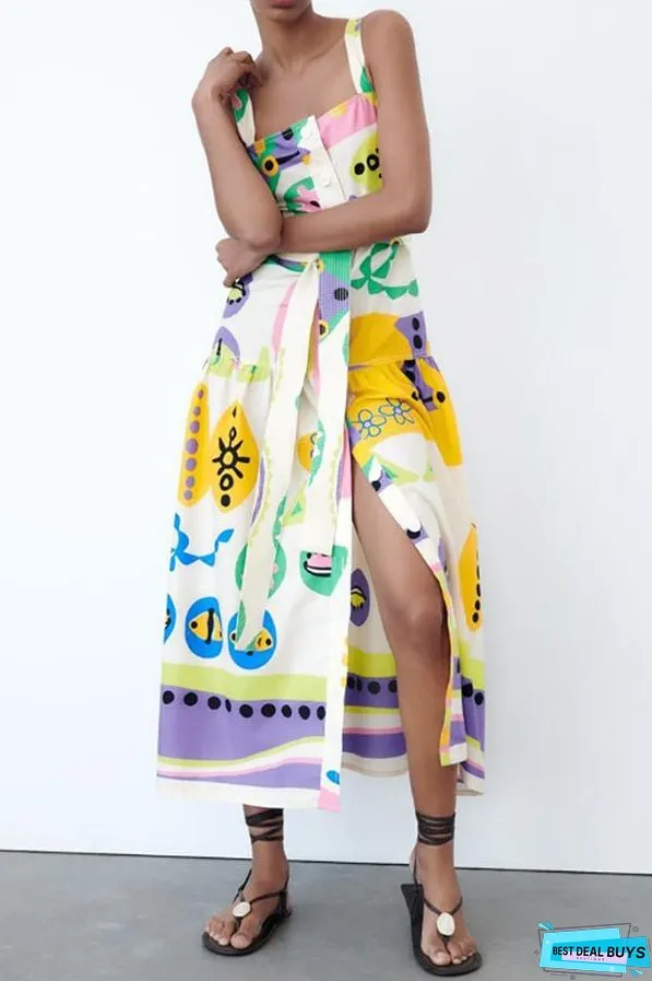 Button-breasted belted wide strap maxi dress