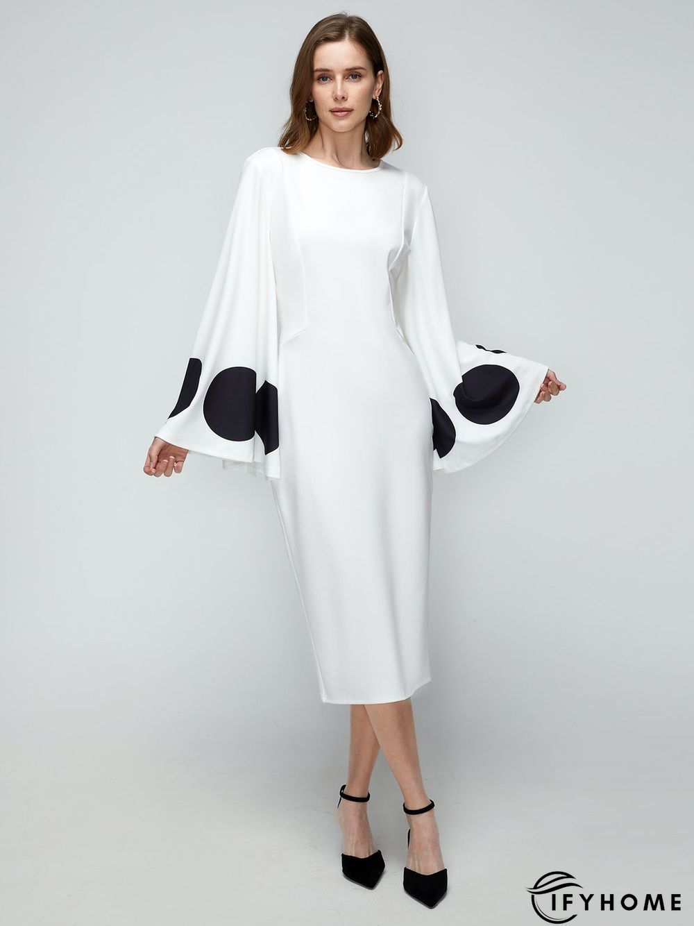 Elegant Flare Sleeve Crew Neck Polka Dots Dress | IFYHOME