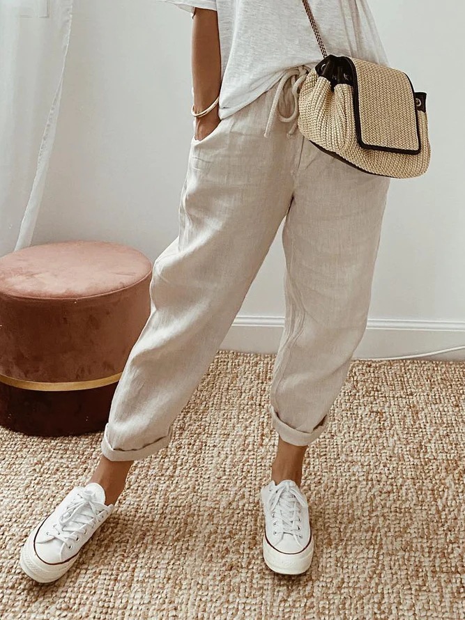 Solid Color Insert Pocket Drawstring Casual Pants