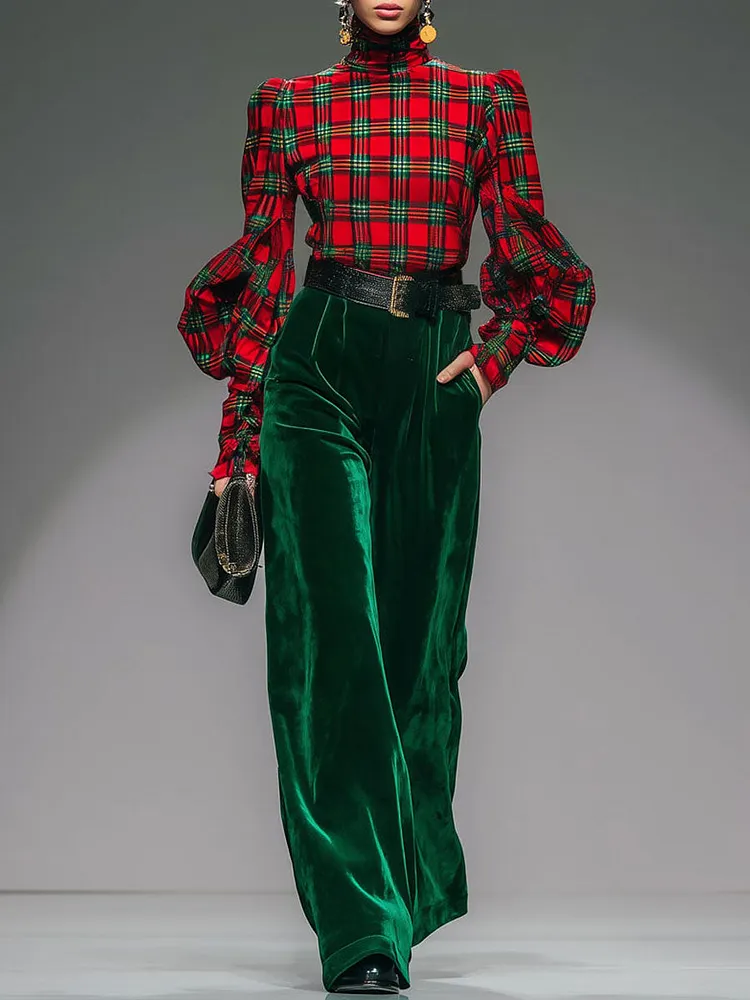 【24-hour shipping out】Trendy Retro Plaid Velvet Turtleneck Long-sleeved T-shirt And Wide-leg Pants Set