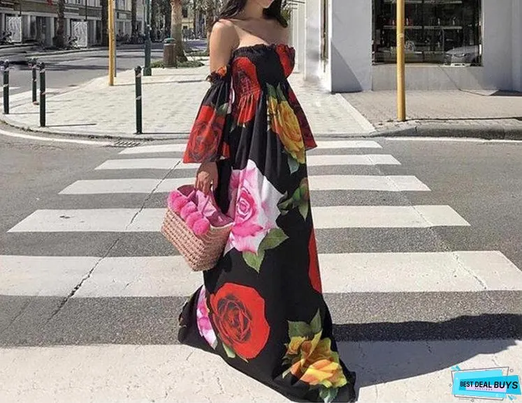 Black Rose Floral Strapless Off Shoulder Sleeve Big Hem Long Dress