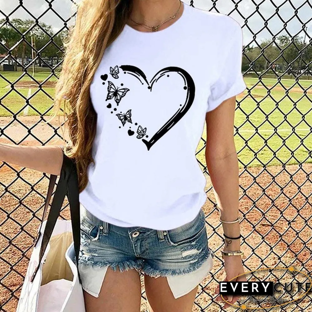 New Ladies Heart-shaped Print Short-sleeved T-shirt Fashion Round Neck T-shirt Womenu3002