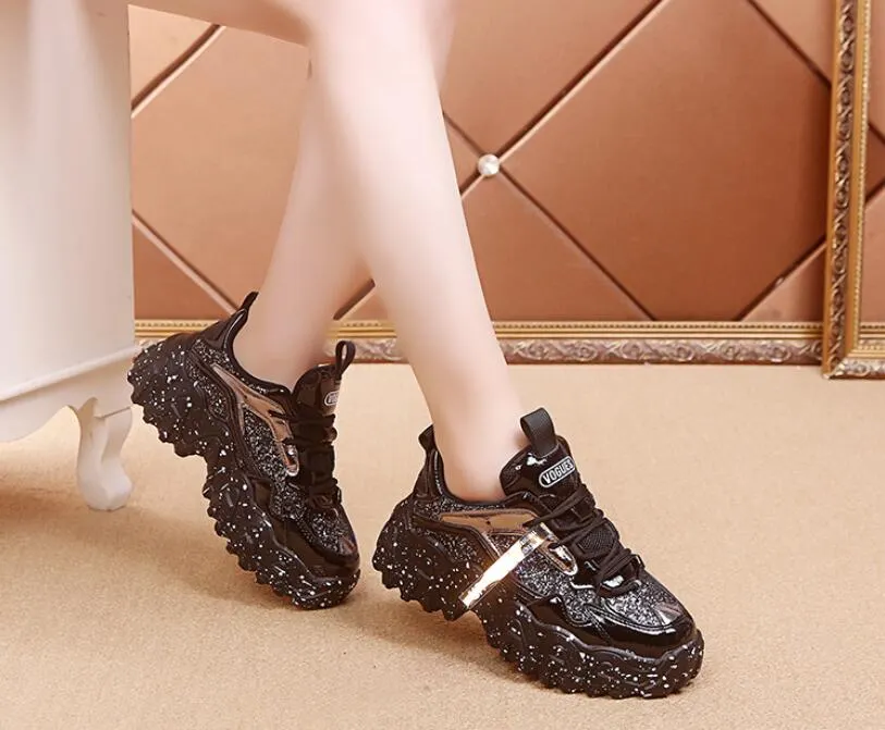 Fashion Women Shoes Dad Chunky Sneakers Women Luxury Comfortable Glossy Thick Sole Ladies Platform Wave Bottom Trainers Female