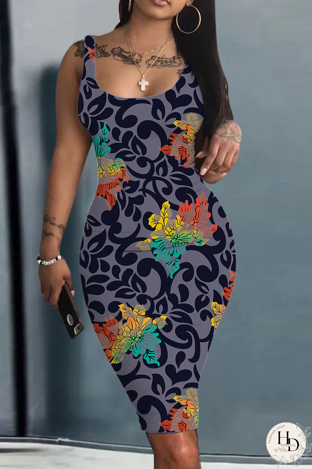 Light Brown Sexy Casual Print Basic U Neck Vest Dress Dresses