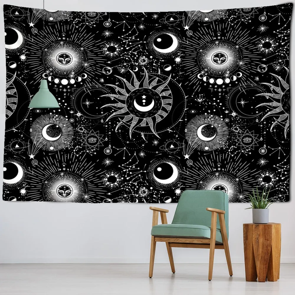 White Black Sun Moon Mandala Starry Sky Tapestry Wall Hanging Bohemian Gypsy Psychedelic Tapiz Witchcraft Astrology Tapestry