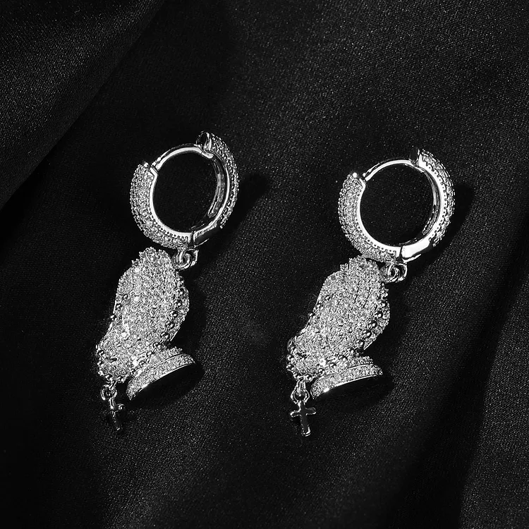 Iced Hand Shape Cross Earrings Hip Hop Bling For Men