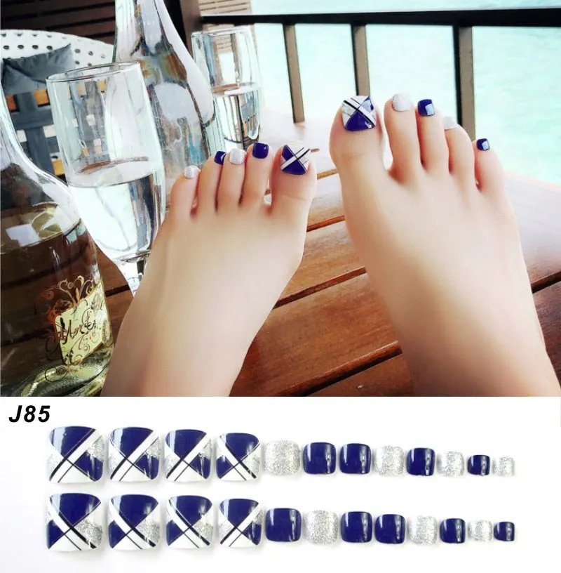 24Pcs Pretty Summer Beach Toes False Nails Rhinestone Pre-design Full Cover Red Foot Artificial Fake Nails with Glue Nail Beauty-Nail Inspo