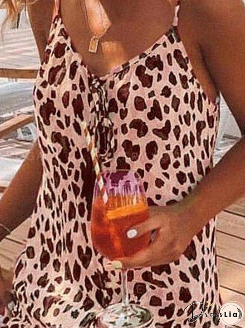 Leopard Print V-neck Casual Suspender Dress