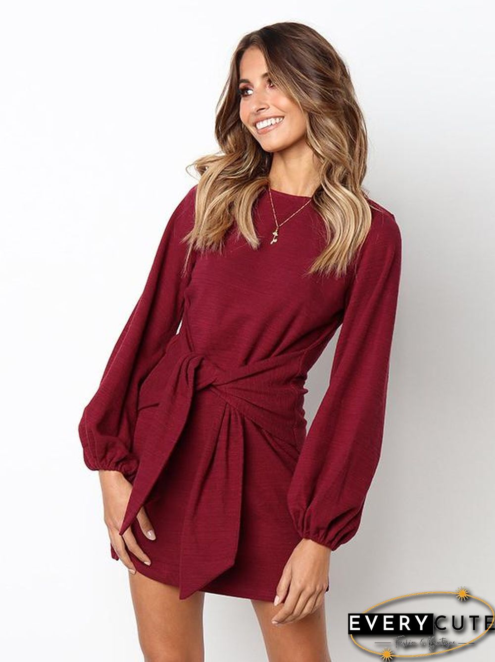 Long Sleeves Round Neck Waist Wrap Mini Dress