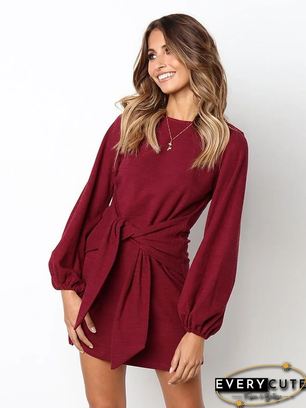 Long Sleeves Round Neck Waist Wrap Mini Dress