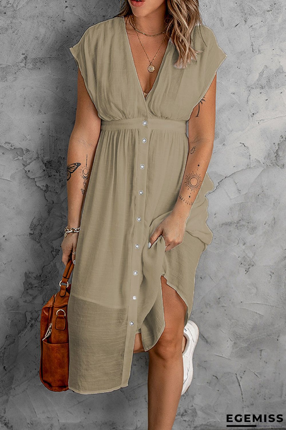 Double-layer Tulle Solid Color Dress Women's Deep V Short Sleeve Waist Dress White Dresses | EGEMISS