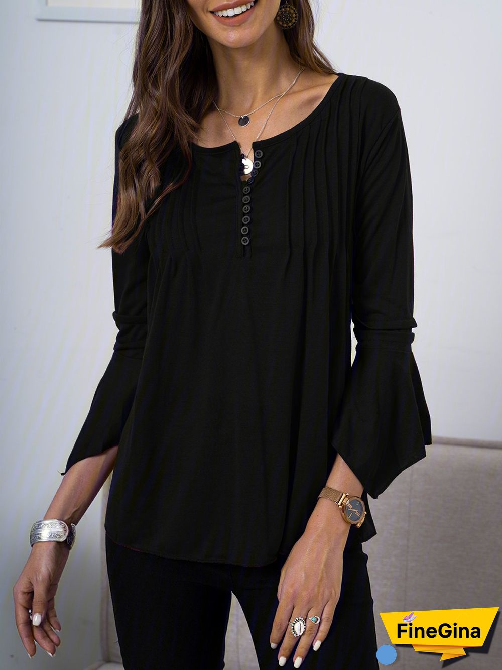 3/4 Sleeve Casual Plain Blouses & Shirts