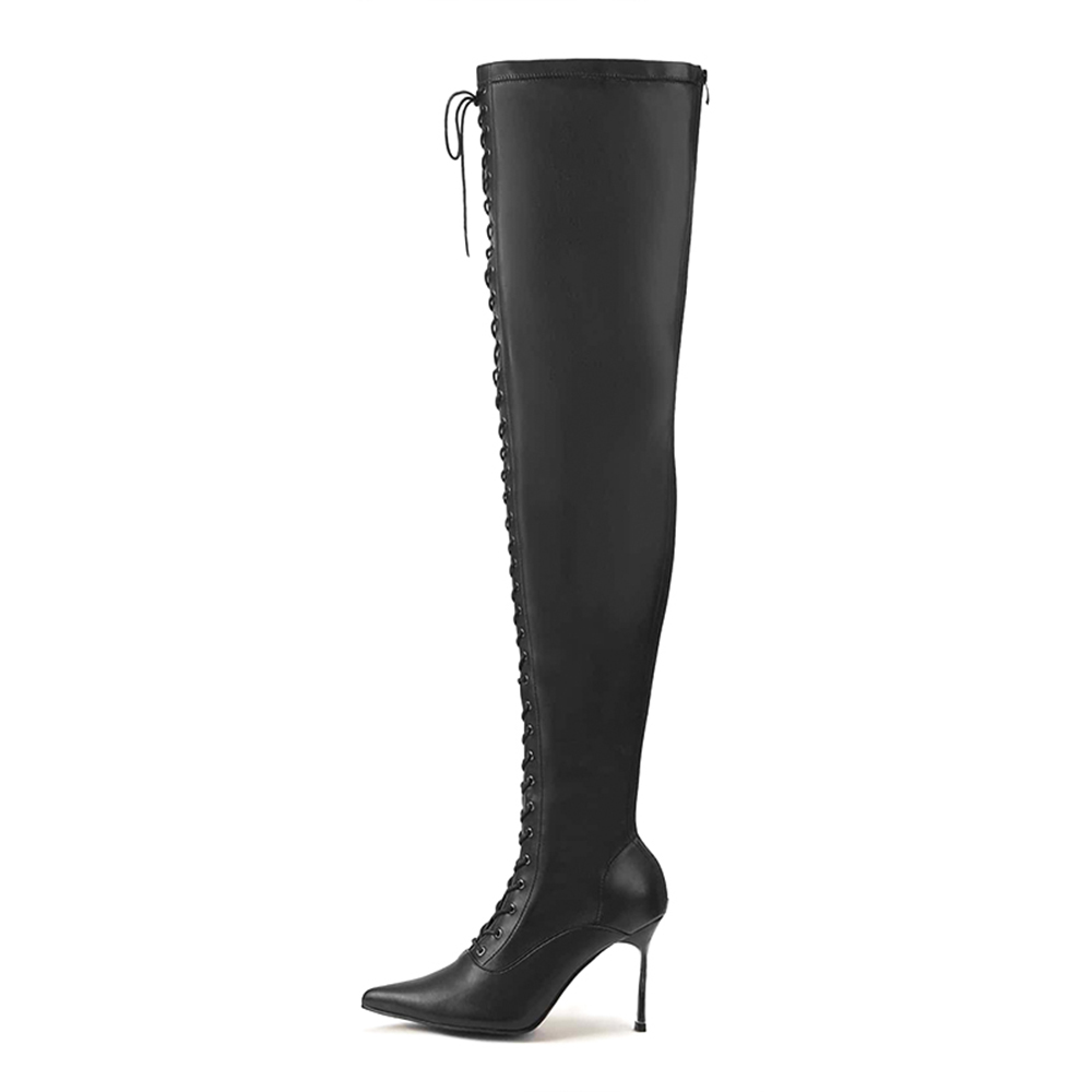 Trendy Pointed Toe Stiletto Heel Thigh-High Lace Up Boots in Black Nicepairs