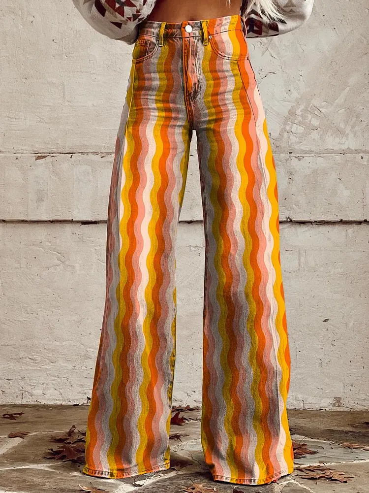Women's Orange and White Striped Waves Print Casual Wide Leg Pants