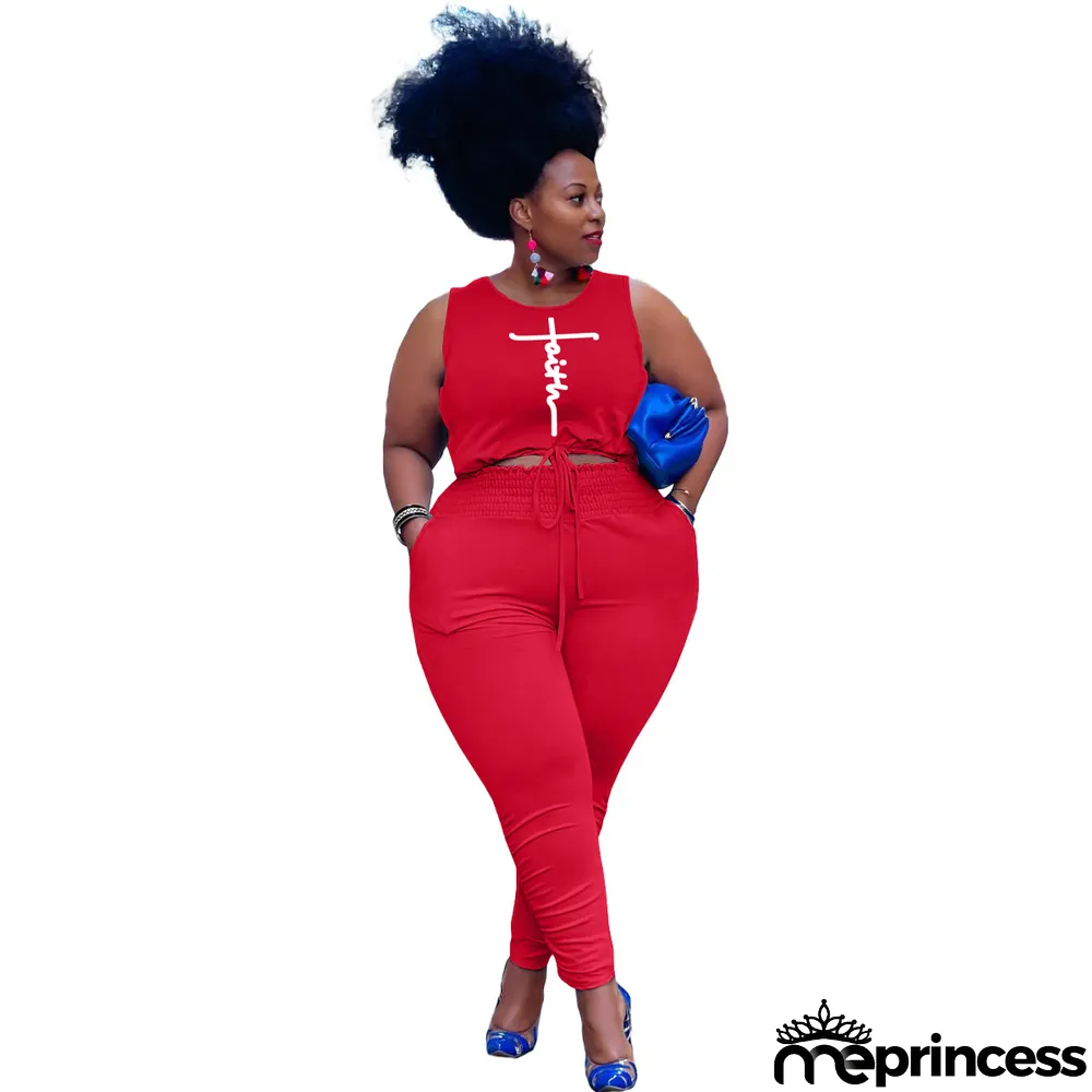 Women's Fashion Spring Summer Letter Print Tank Top Pants Casual Sport Plus Size Two-Piece Set