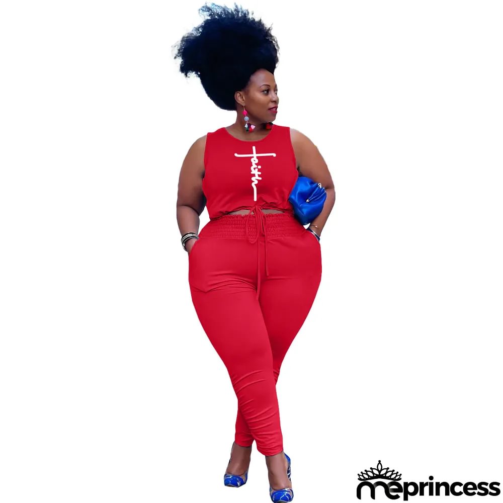 Women's Fashion Spring Summer Letter Print Tank Top Pants Casual Sport Plus Size Two-Piece Set