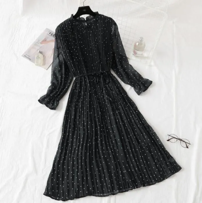 Polka Dot Print Women Chiffon Pleated Dress Sweet Flare Sleeve Party Dresses Casual Loose Lady Office Midi Dress Vestidos Mujer