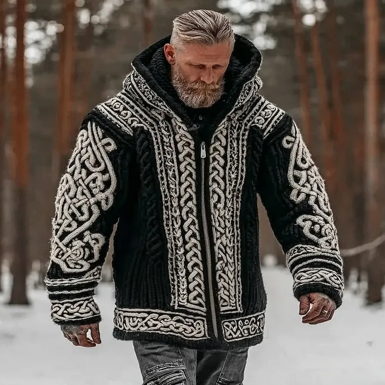 Men's Vintage Viking Celtic Knot Art Chunky Knit Hooded Zip-up Sweater
