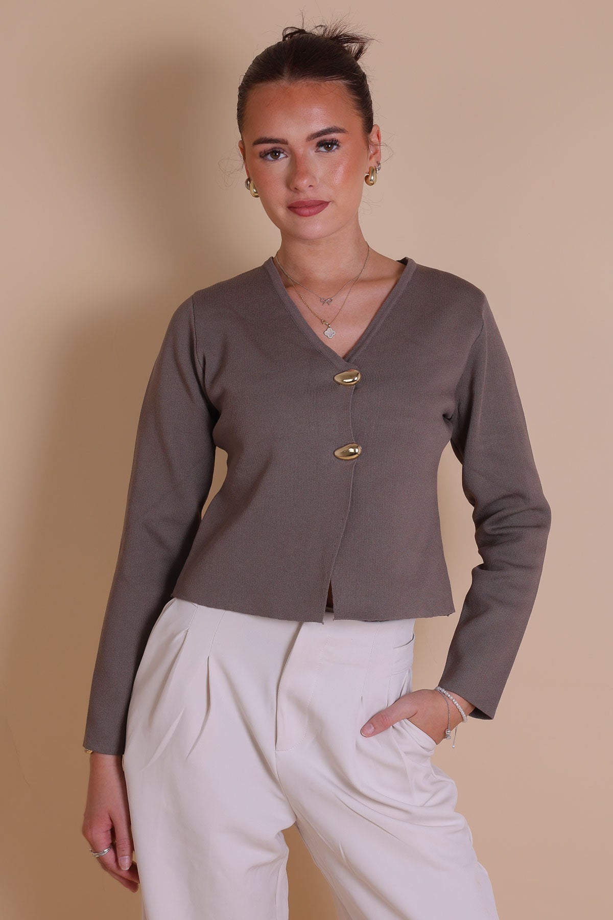 Taupe Knit Cardigan Long-Sleeve Gold Button-Front