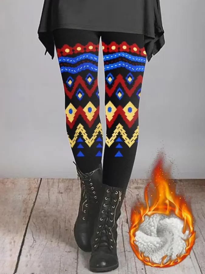 Women's Casual Retro Color Imitation Wool Printed Fleece Leggings