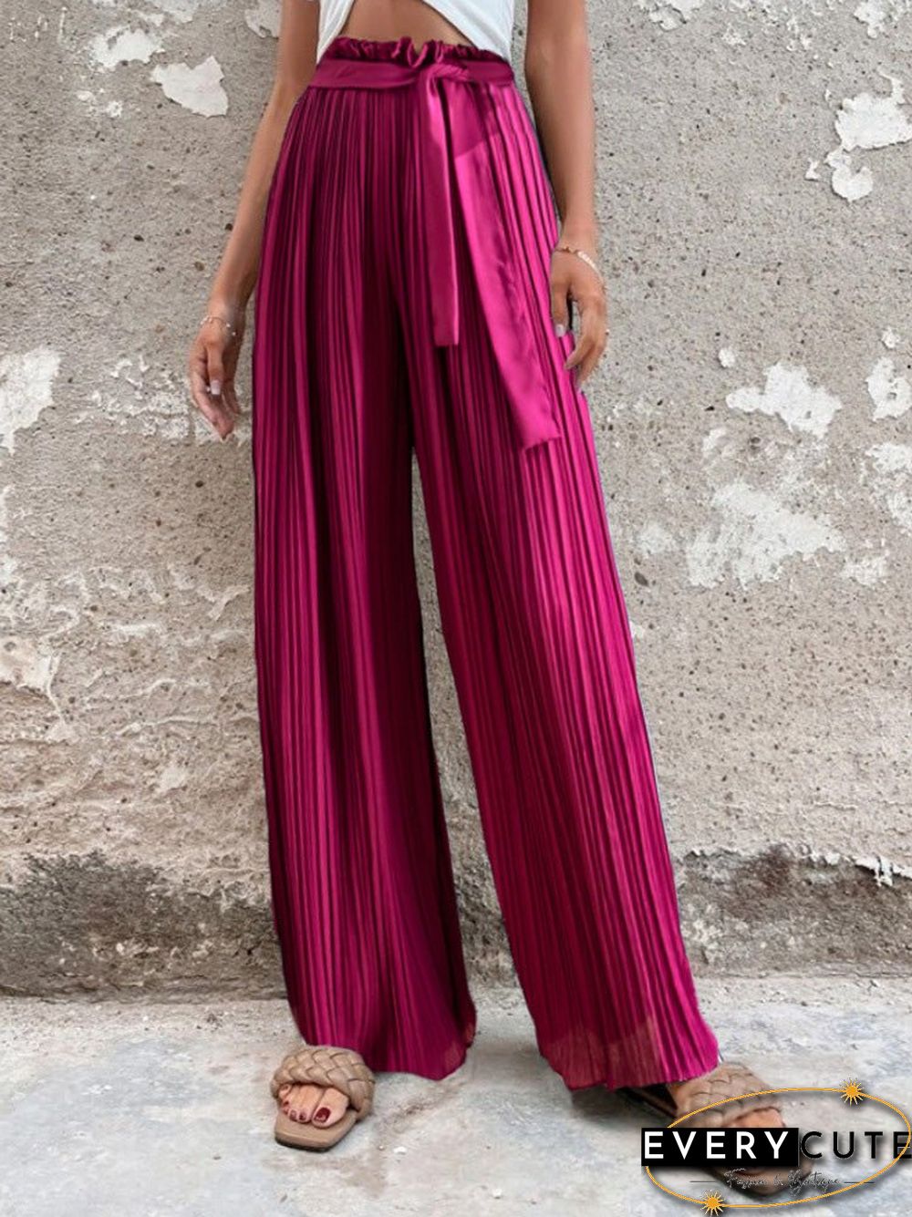 Women'S Pants Pleated Tie High Waist Straight Wide Leg Pants