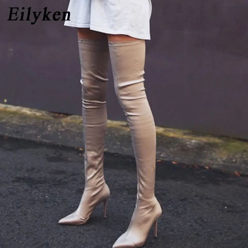 Eilyken 2022 Thigh High Boots Over The Knee Elastic Stretch Boots Women Botas Mujer Sexy Knee High Heels Sock Boots New