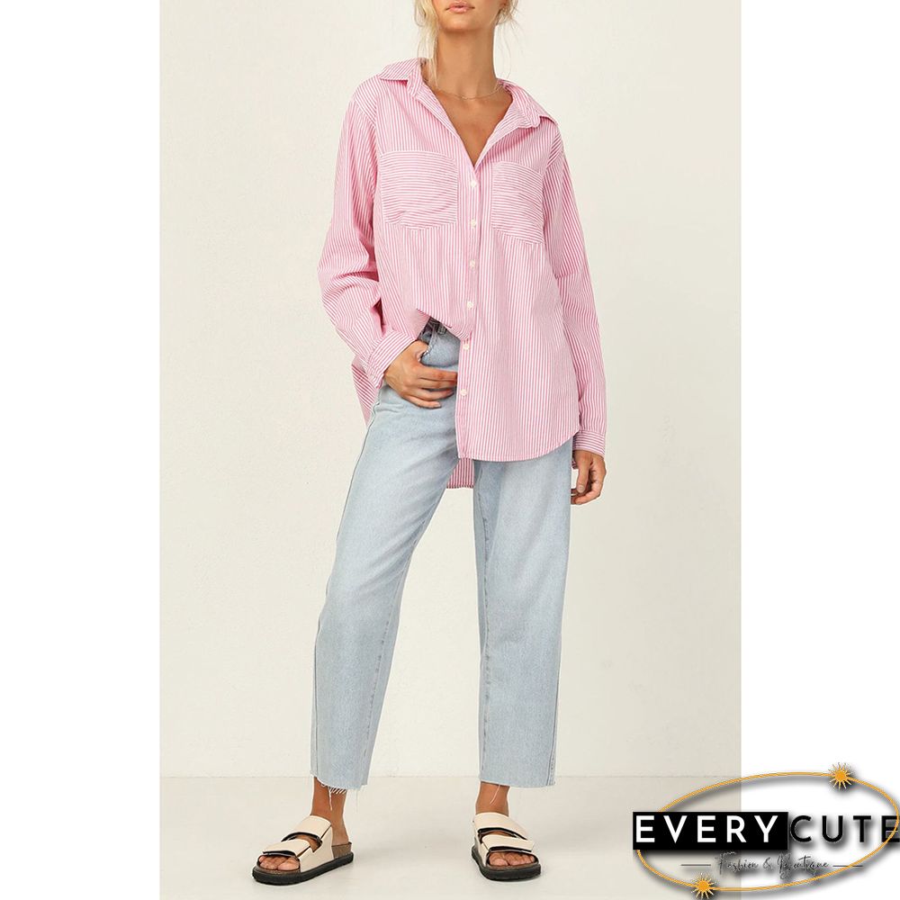 Pink Striped Print Button Long Sleeve Shirt
