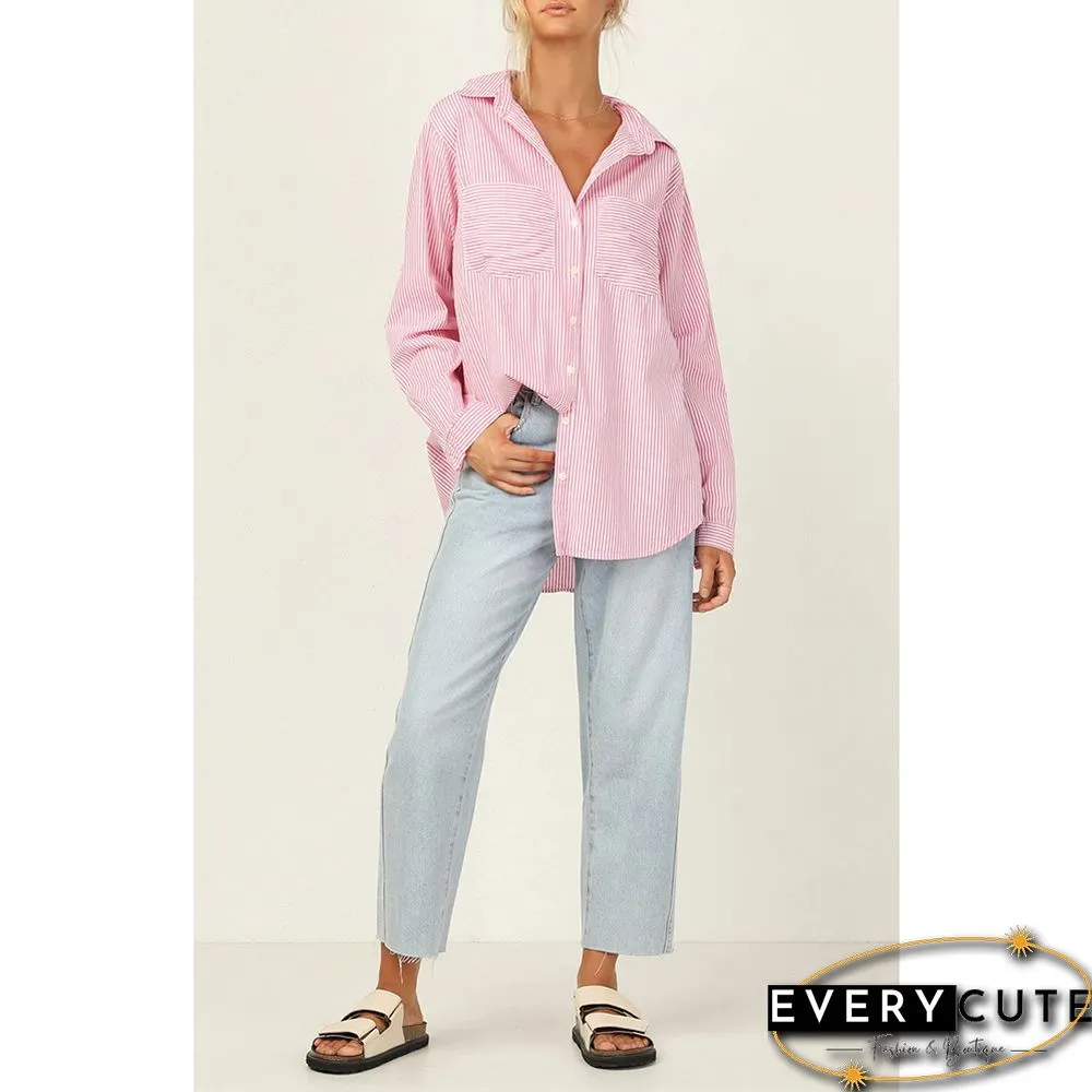 Pink Striped Print Button Long Sleeve Shirt
