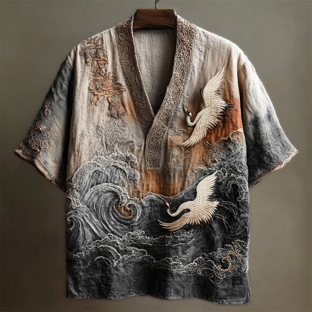 Japanese Embossed Crane Art Men's Linen V-neck Shirt  artssus
