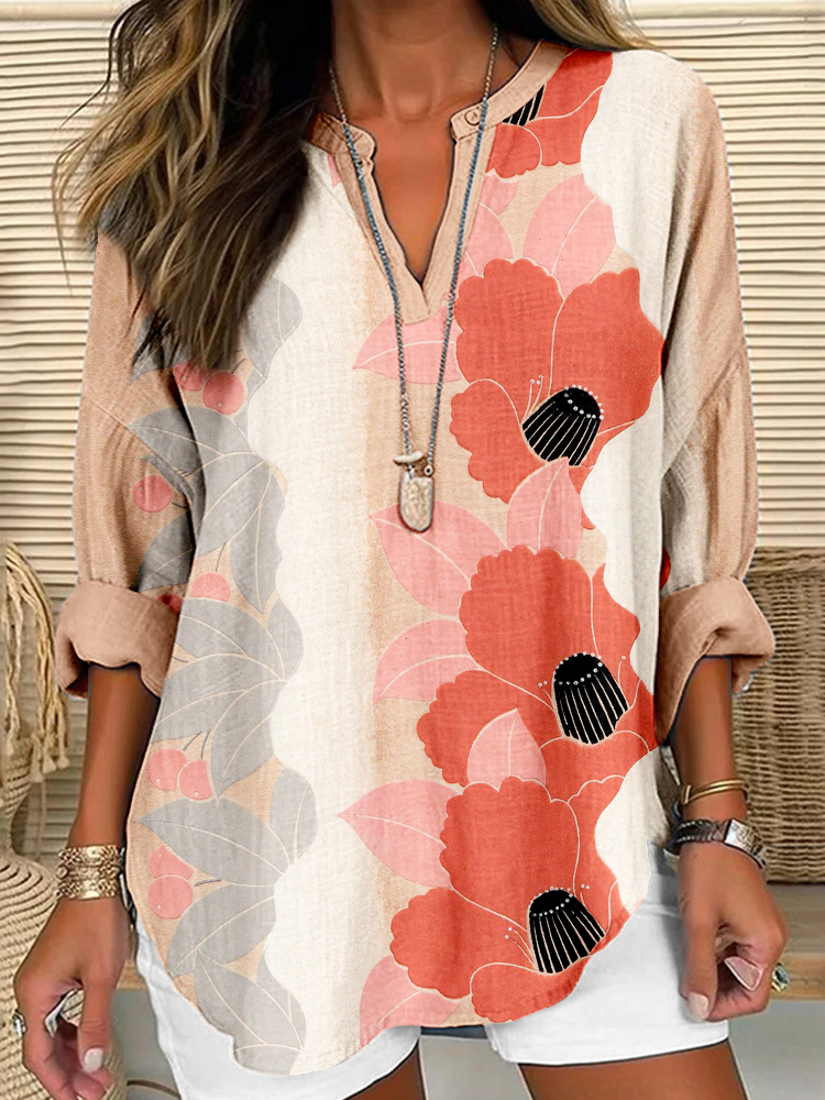 Vintage Japanese Flowers Art Linen Blend Shirt