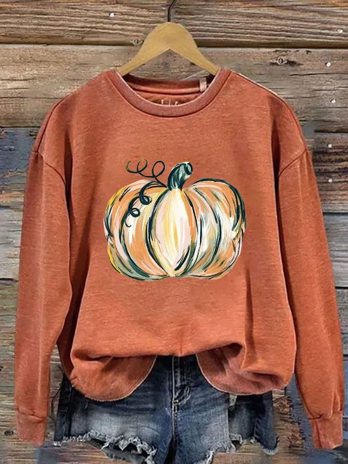 Women's  Watercolor Pumpkin Thanksgiving&Halloween Print Crew Neck Sweatshirt 