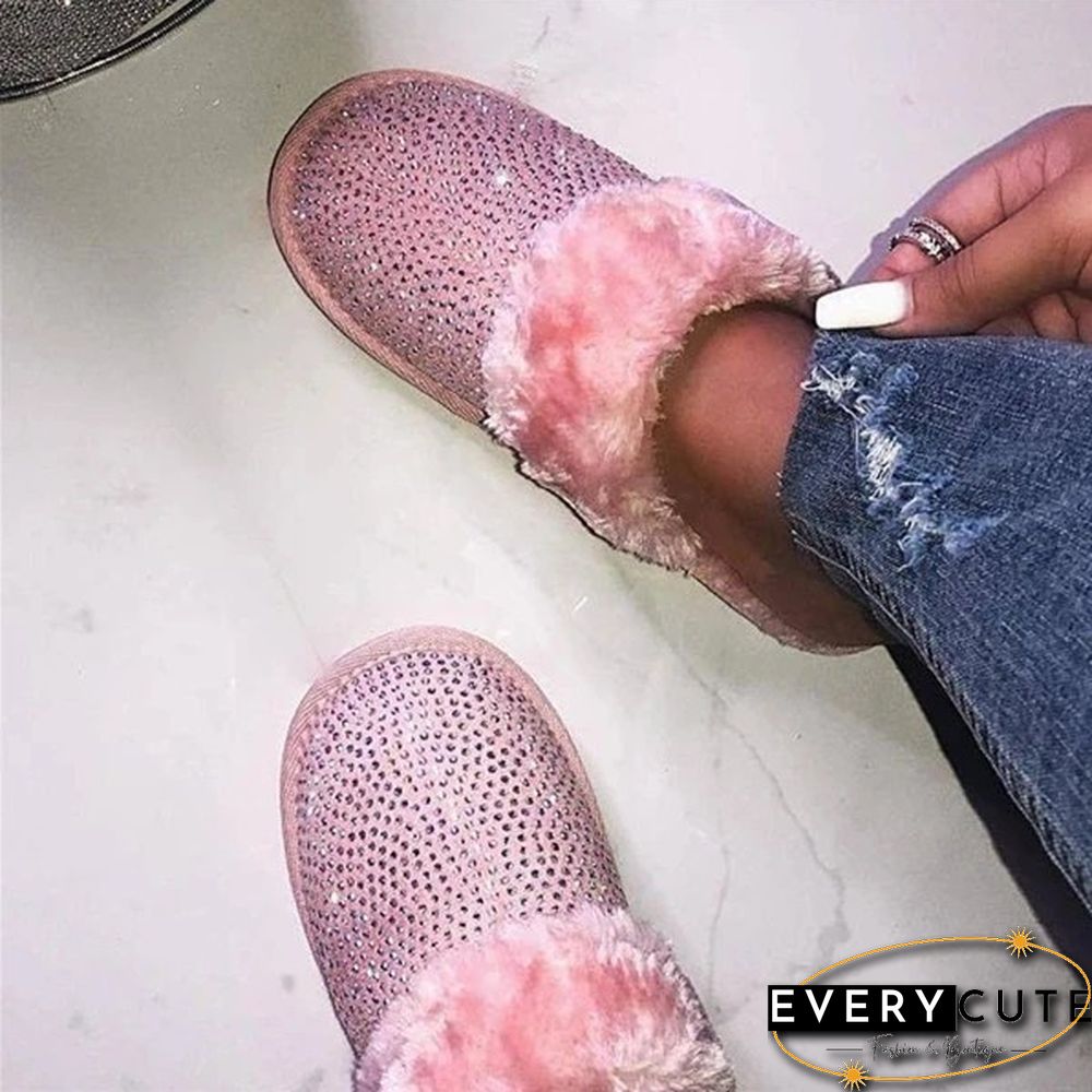 Fashion Womens Glitter Crystal Slippers Memory Foam Fluffy Fur Soft Slippers Warm House Shoes Indoor Outdoor Winter Christmas Gift