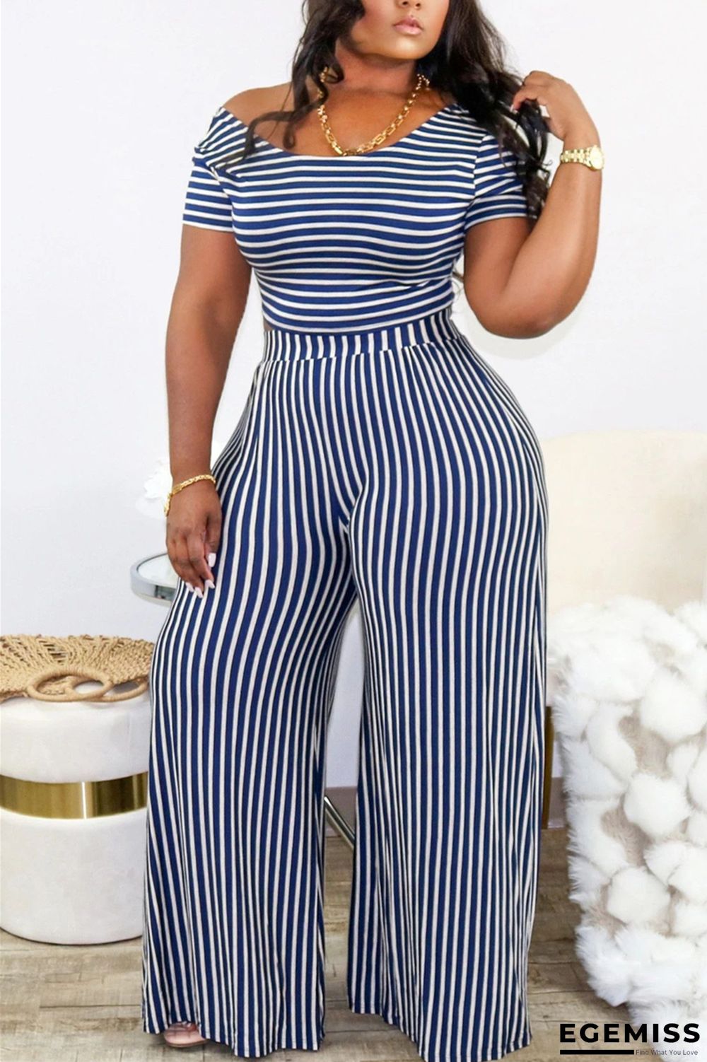Blue Fashion O Neck Short Sleeve Regular Sleeve Striped Print Plus Size Set | EGEMISS