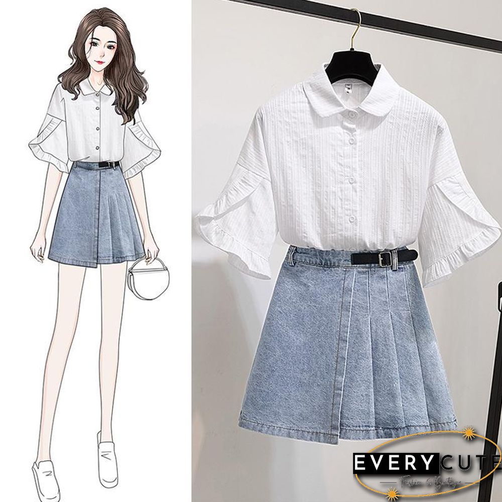 Fashion Blouse+Denim Pleated Skirt P11509
