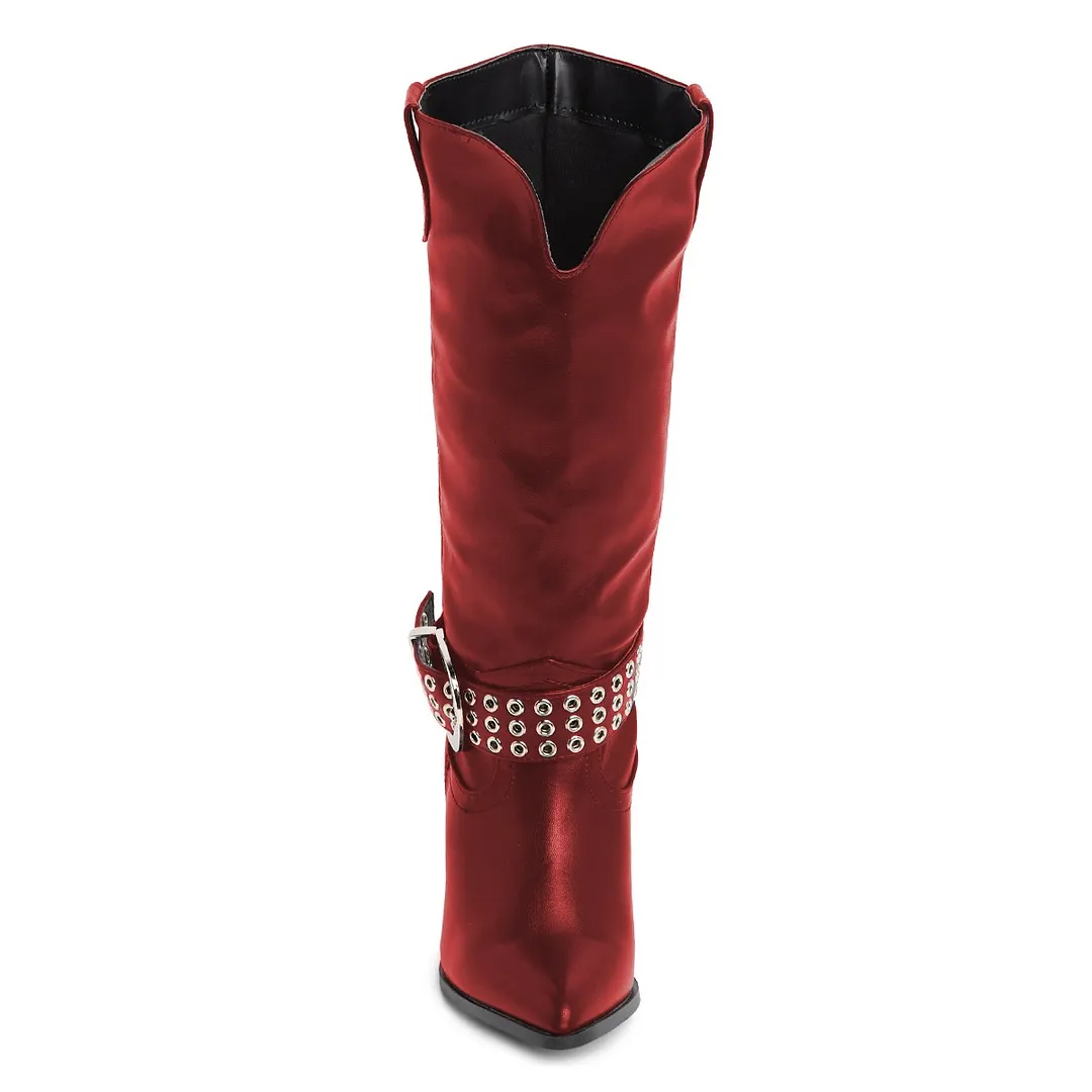 Women's Buckled High Heel Maroon Cowgirl Boots with Grommets