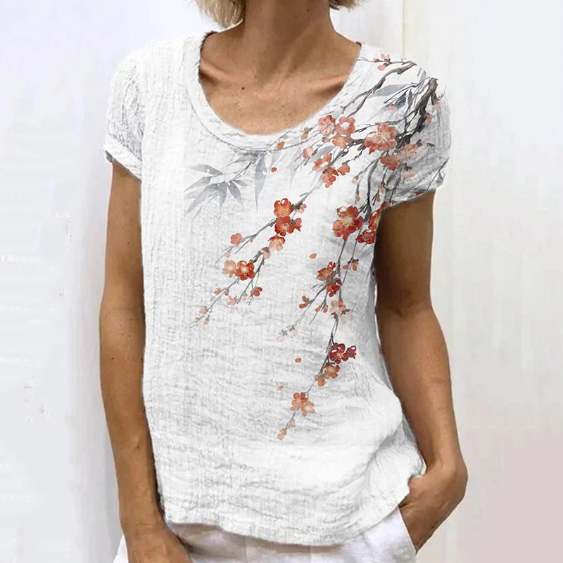 Japanese Retro Plum Bamboo Ink Painting Art Print Casual T-Shirt