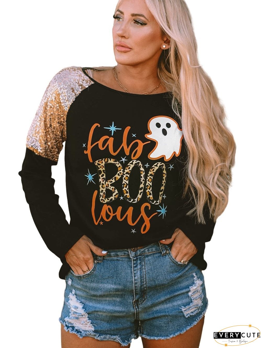 Halloween Graphic Raglan Top with Sequins
