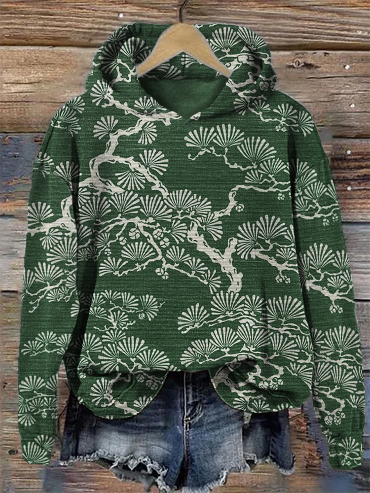 Pine Trees Japanese Lino Art Vintage Hoodie elevenforest