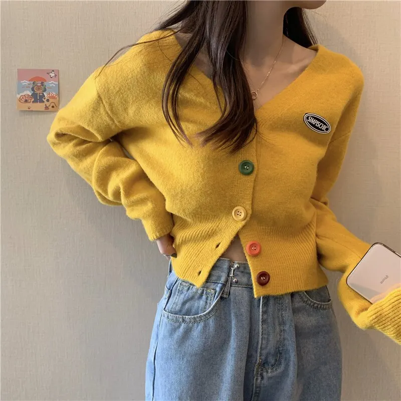 New Korean Sweet Cardigan Sweater Women Single Breasted V-neck Long-sleeved Knitted Jacket S-4XL Short Cardigan 6 colors