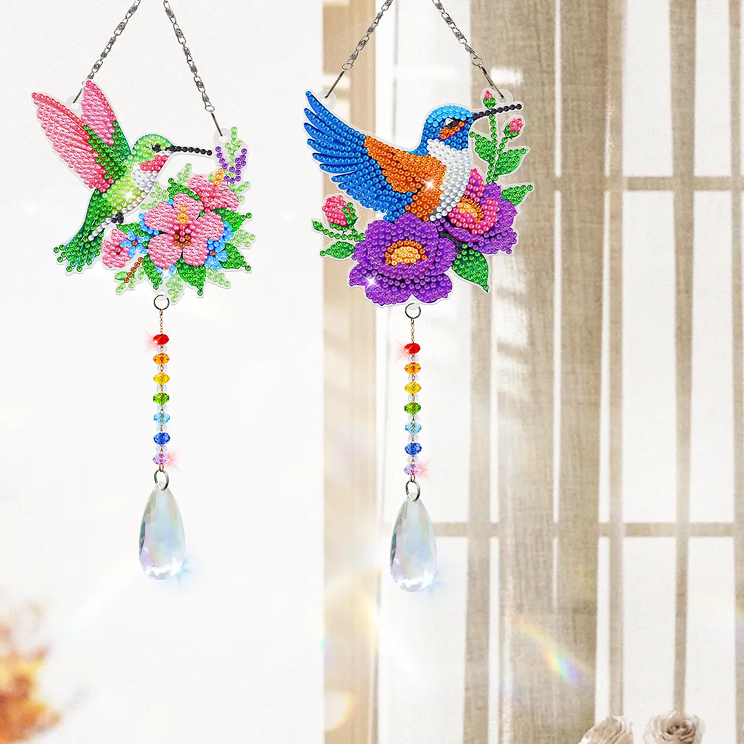 2Pcs Hummingbird Carrying Flowers DIY Double-Sided Diamond Painting Hanging Kits Diamond Painting Suncatcher Craft Kit for Home Garden Wall Decor Gift